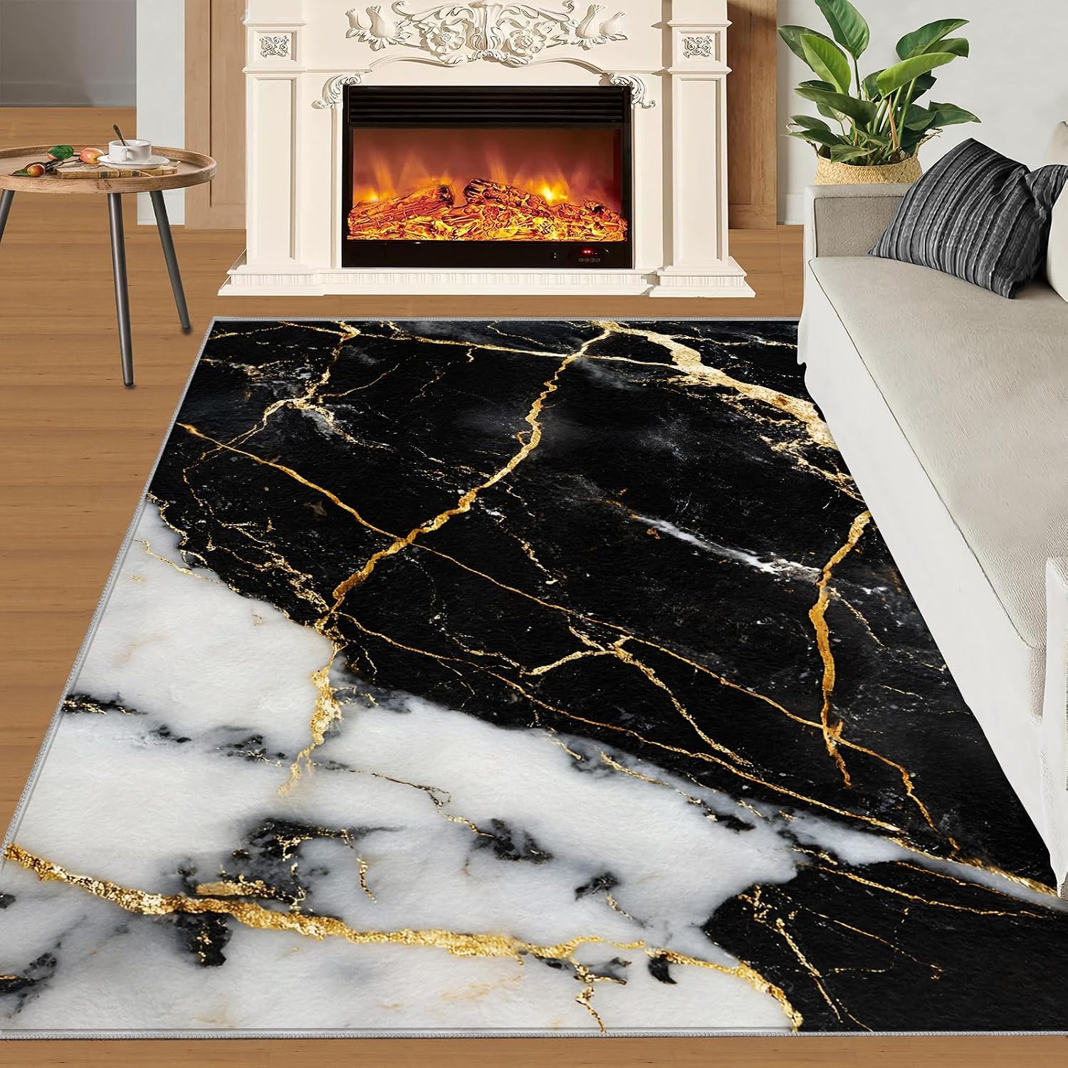Marble Area Rug 6x8 - Black Gold Marble Large Rugs for Living Room, Luxury Abstract Carpet Area Rug for Girls Bedroom Kids Room Basement Office Classroom
