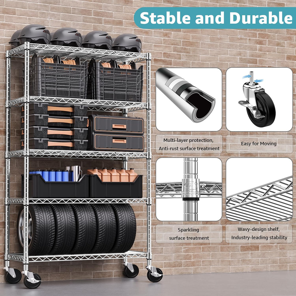 M MZG 5-Shelf Storage Shelves,Wire Shelving Heavy Duty Metal Storage Shelving Unit Adjustable Garage Shelving Rack Pantry Kitchen (Chrome, 5 Tier,17.7' D x 47.2' W x 76.7' H)
