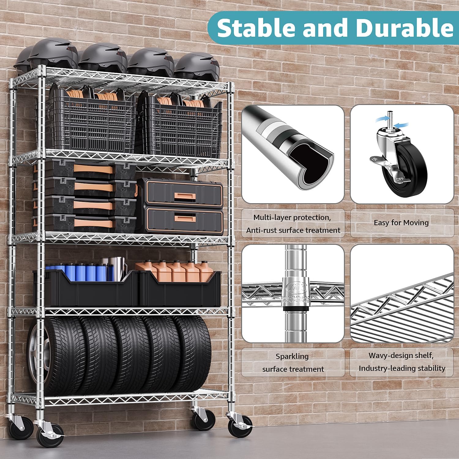 M MZG 5-Shelf Storage Shelves,Wire Shelving Heavy Duty Metal Storage Shelving Unit Adjustable Garage Shelving Rack Pantry Kitchen (Chrome, 5 Tier,17.7' D x 47.2' W x 76.7' H)