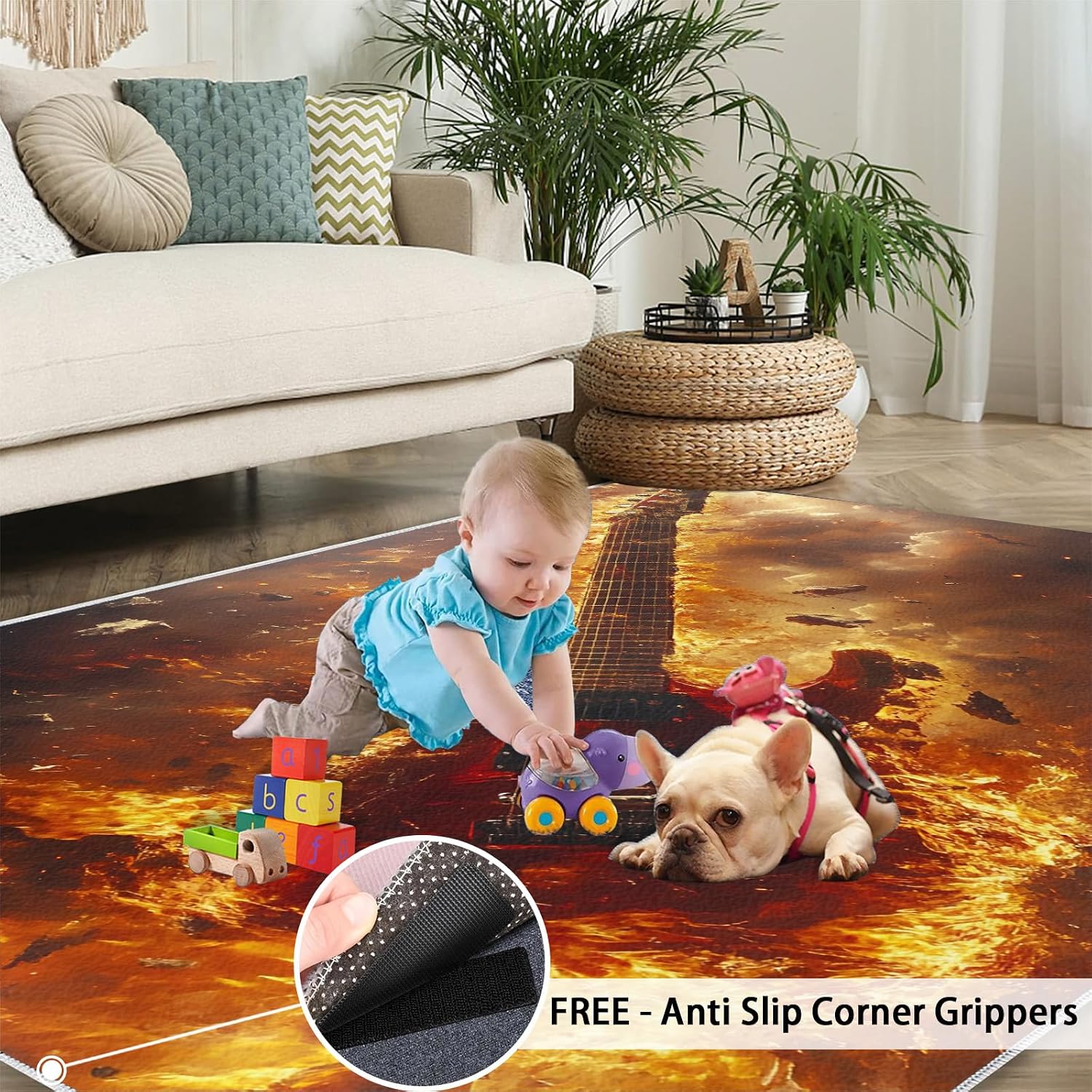 Flaming Electric Guitar Area Rug 6x8 - Exploding Guitar Large Rugs for Living Room, Rock Music Carpet Area Rug for Girls Bedroom Kids Room Basement Office Classroom