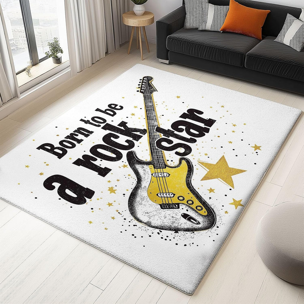 Washable Rug 5x8 ft Area Rug Guitar Rock Instrument, Living Room Non Slip Carpet, Machine Washble Soft Low Pile Bedroom Lightweight Carpet for Home Dinning Room
