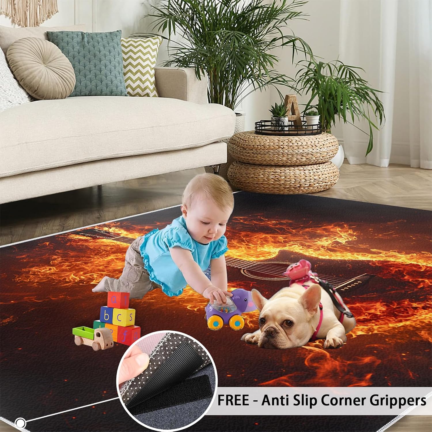 Guitar Rug 5x8, Flame Guitar Rugs for Living Room, Music Rugs for Bedroom, Low Pile Washable Area Rug, Non Slip Carpet for Hardwood Floors