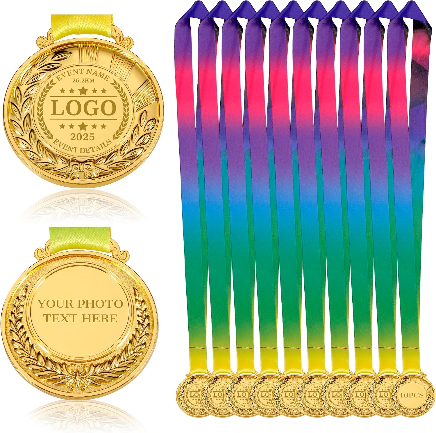 Aizza Beata 10PCS - Custom Gold Medals for Awards - Personalized Metal Award Medals with Neck Ribbon, 1st 2nd 3rd Place Medals for Adults, Kids, Students, Perfect for Competitions, Gifts, Party Favor