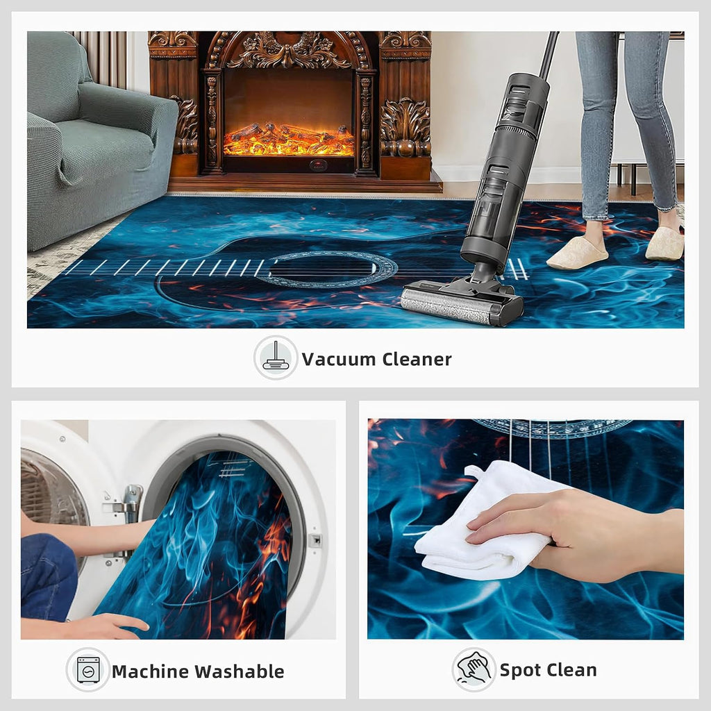 Guitar Rugs for Music Room - Music Rug, 6x8 Rug, Boys Musical Washable Rugs for Living Room Bedroom, Cool Blue Area Rug, Rock and Roll Carpet - Home Decor, Electric Guitars Gifts for Men