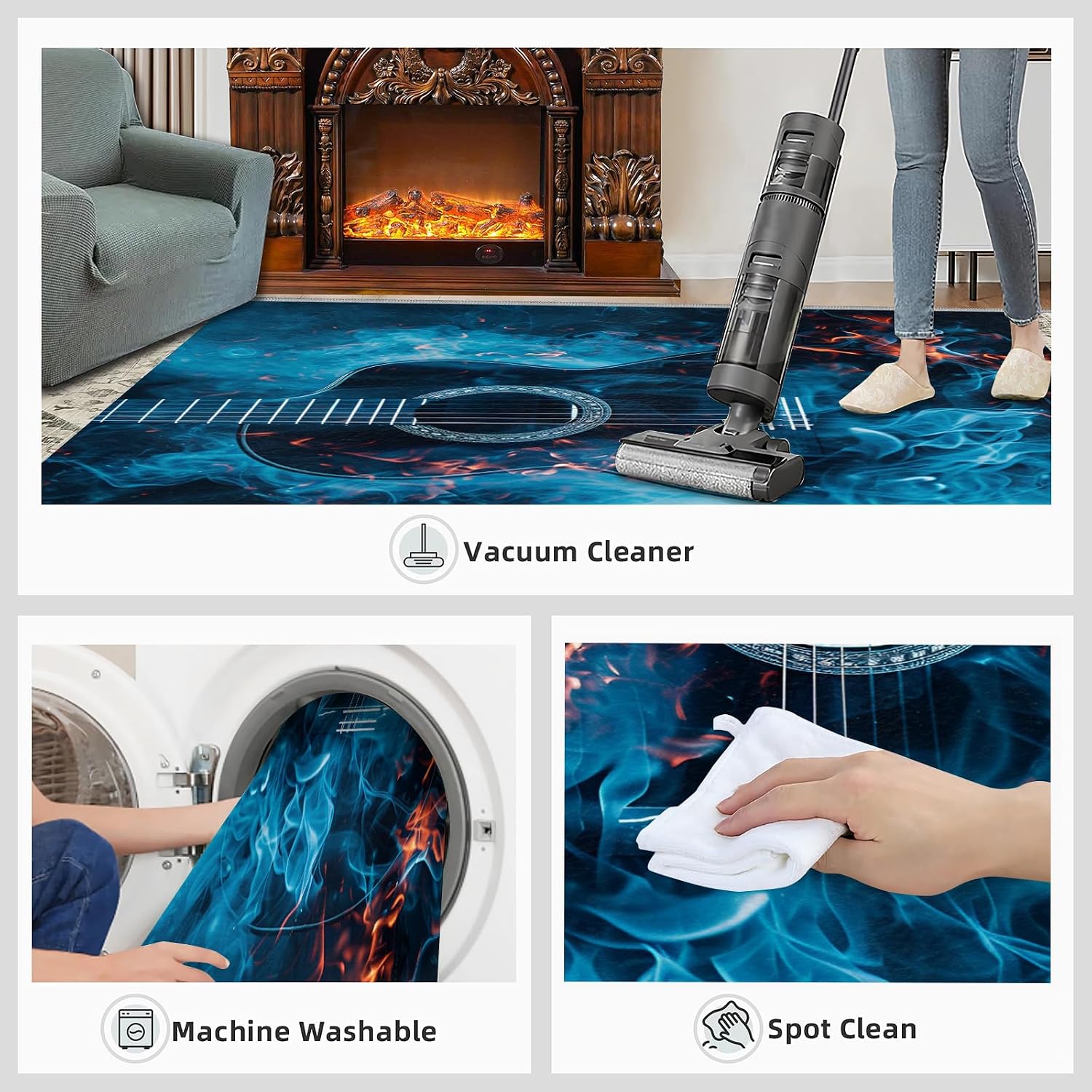 Guitar Rugs for Music Room - 5x7 Rug, Music Home Decor, Boys Musical Washable Rugs for Living Room Bedroom, Cool Blue Area Rug, Rock and Roll Carpet, Electric Guitars Gifts for Men