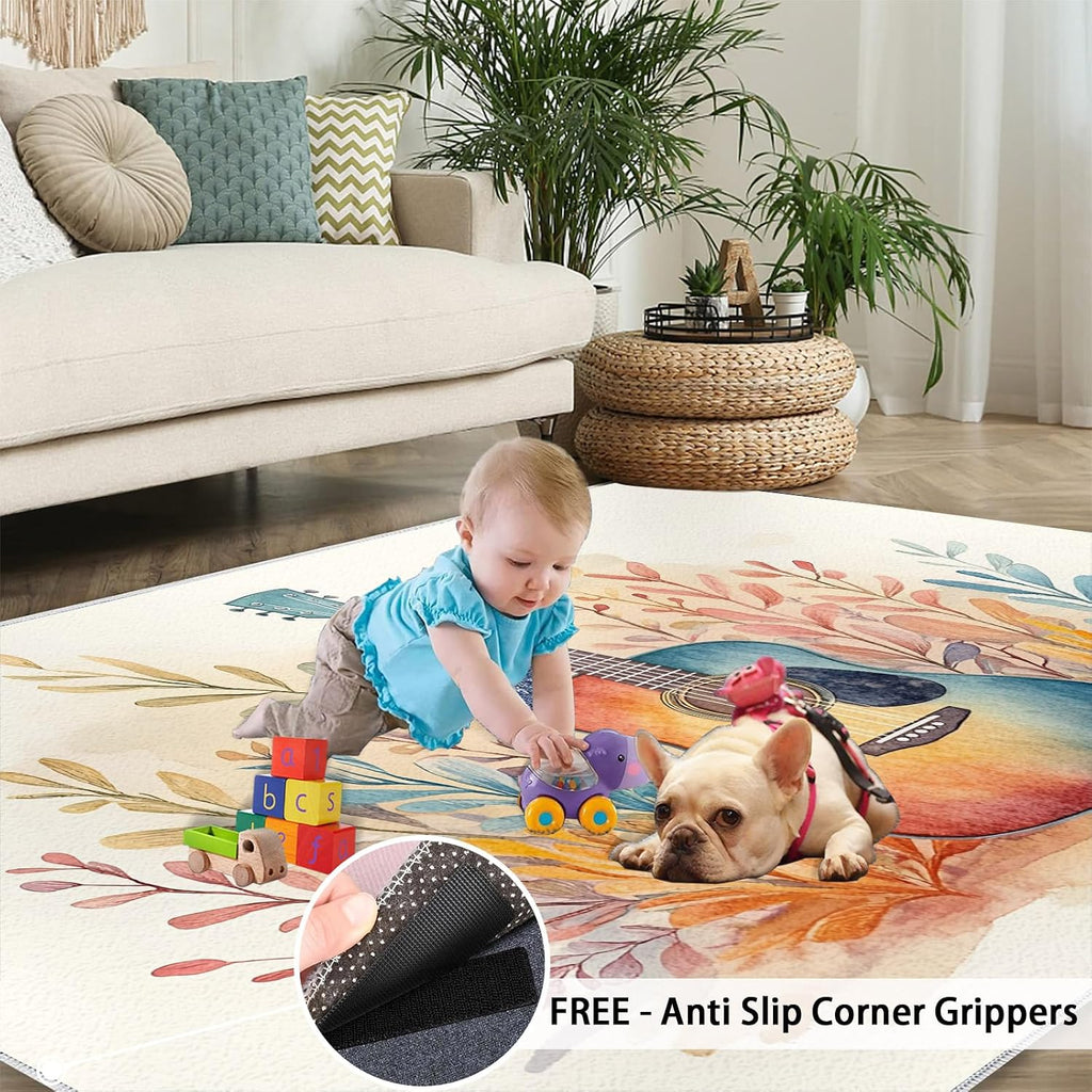 Guitar Rug Large - 5x7 Rug, Boho Floral Washable Rugs for Living Room, Music Carpet, Botanical Non-Slip Area Rugs for Bedroom, Kids Carpet, Guitar Home Decor