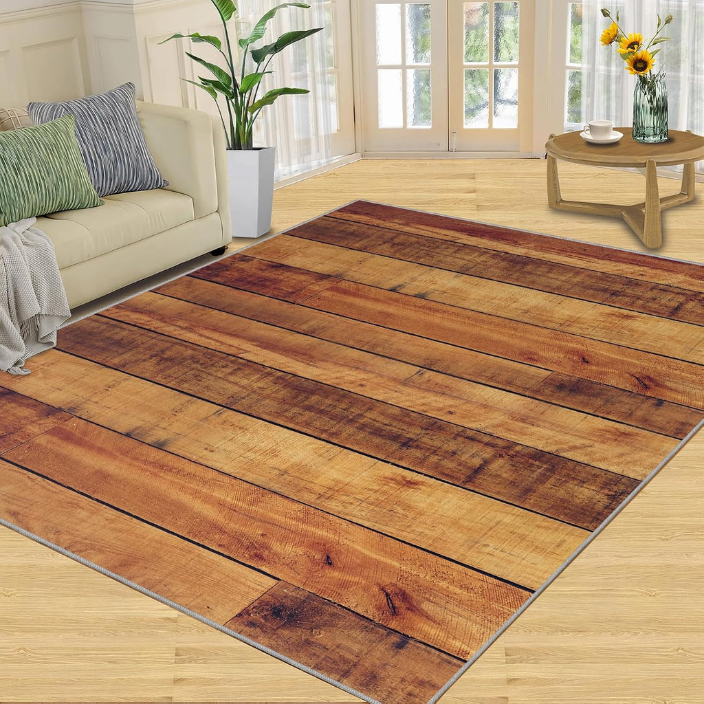 Modern Stylish Wood Grain Area Rug, Farm Plank Wood Grain Rugs for Living Room, Indoor Non-Slip Kids Rugs, Machine Washable Breathable Durable Carpet for Front Entrance Floor Decor,6 x 8ft