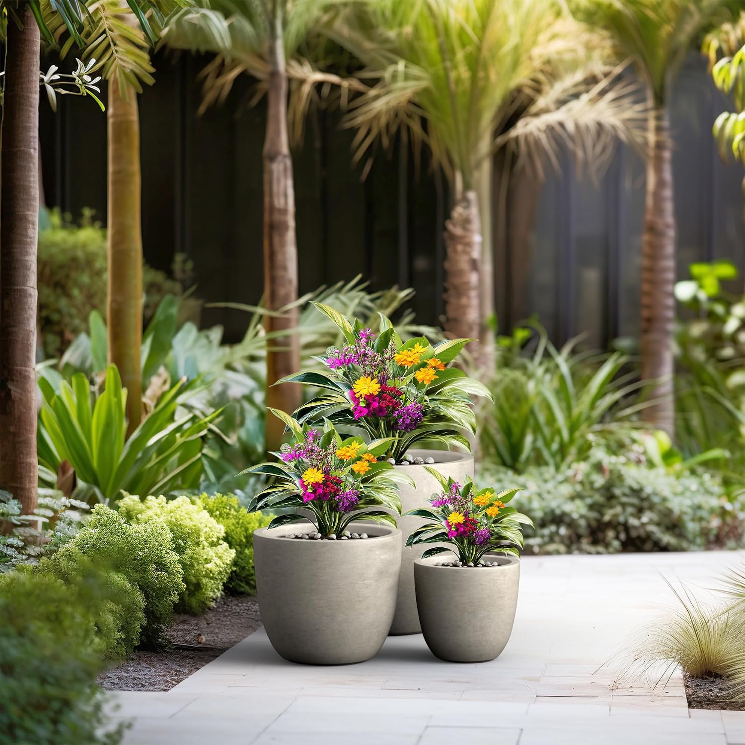 Kante 18',14',10' Dia Concrete Round Planters (Set of 3), Outdoor Indoor Large Planter Pots with Drainage Hole and Rubber Plug for Home Patio Garden, Buff Concrete