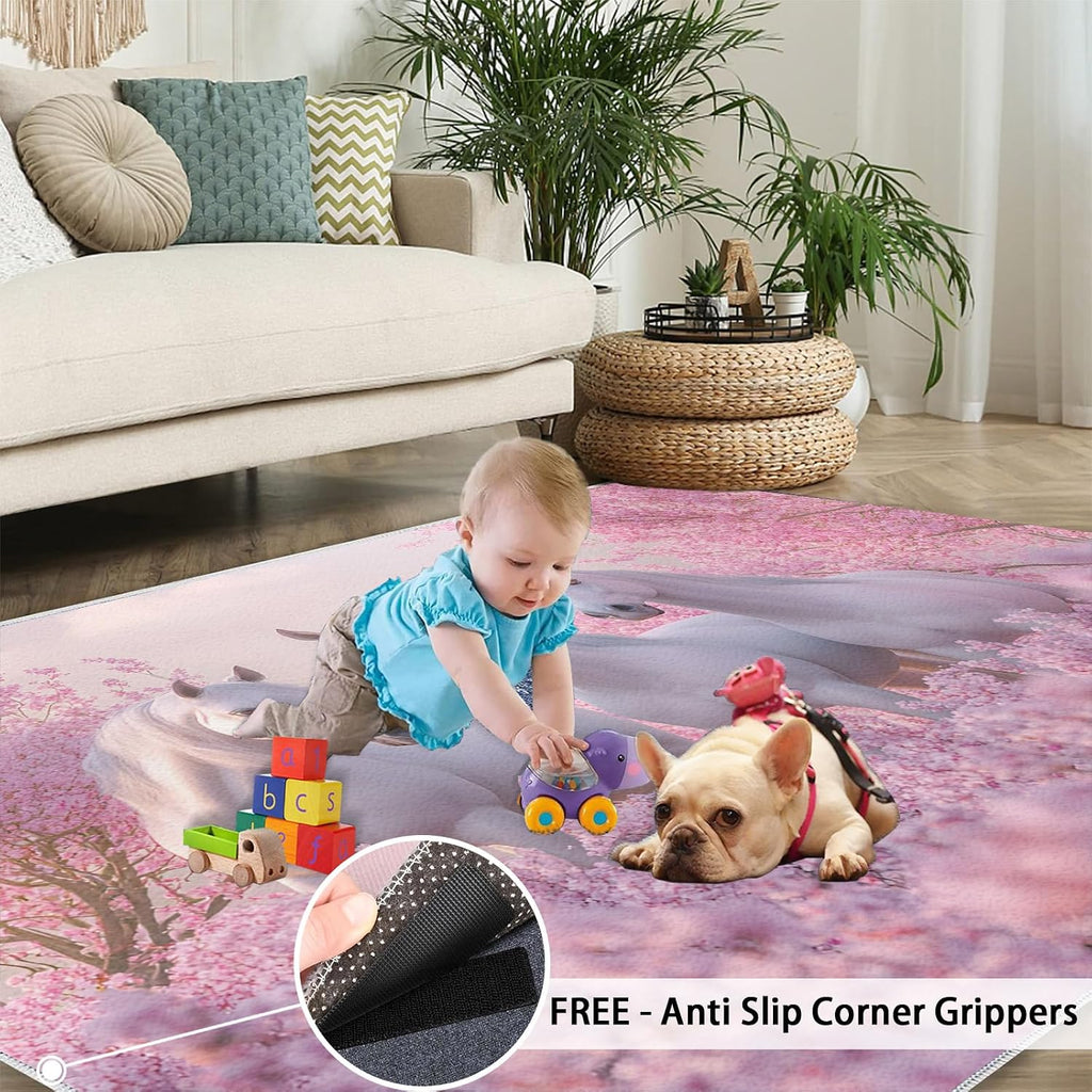 Horses Rugs for Living Room 6x8 Rug, Pink Flowers Area Rug, Animals Rugs, Large Machine Washable Rug, Non-Slip Floor Carpet for Bedroom Kids Room Home Decor