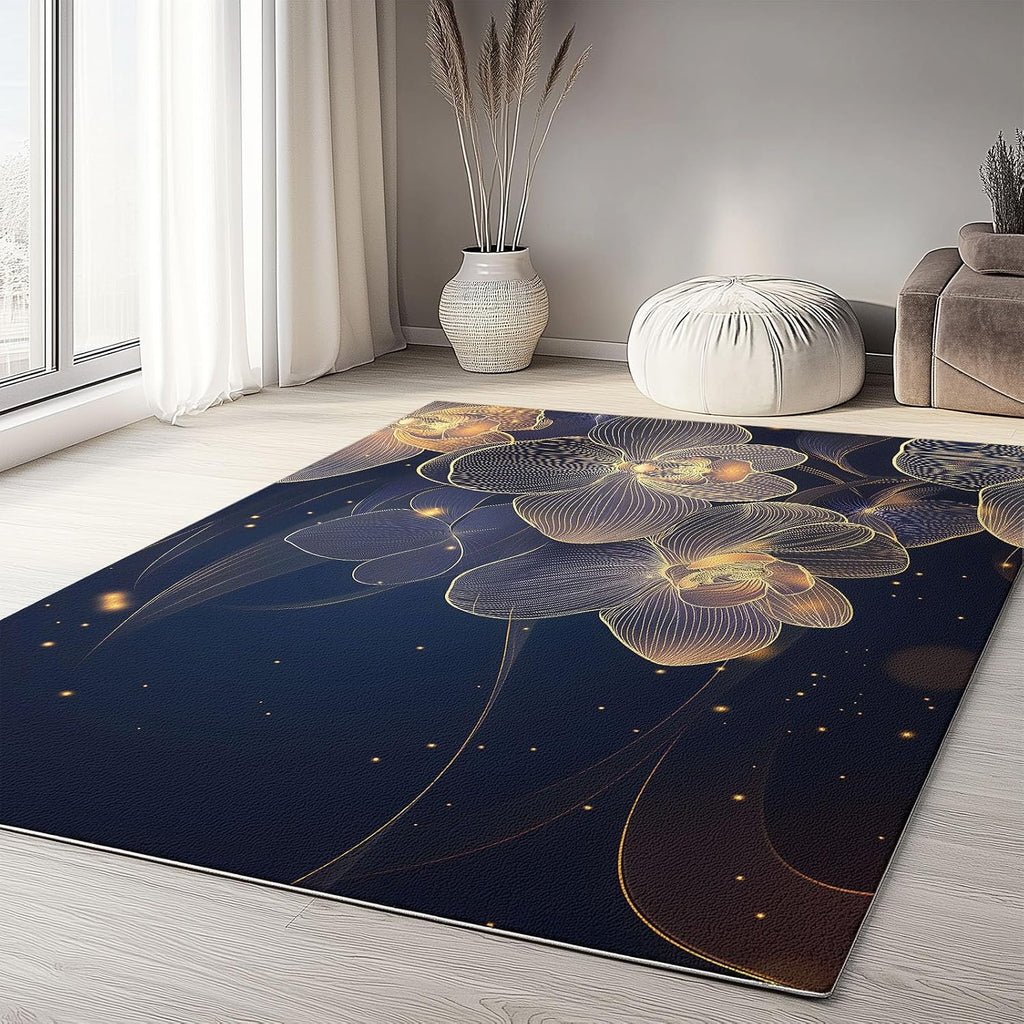 Washable Non-Slip Area Rug Resistant, Artistic Gold Line Orchid Theme for of Living Room Bedroom Kids Room, Nursery, Office, Kitchen, Multicolor 6 x 8 ft Carpet Pet & Child Friendly