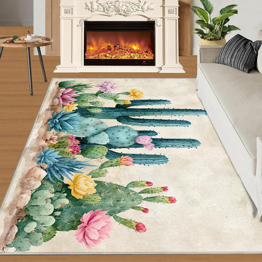 Cactus Rugs for Bedroom, Botanical Rug 6x8, Desert Cactus Dining Room Rugs Washable & Non Slip Large Carpet for Home Decor