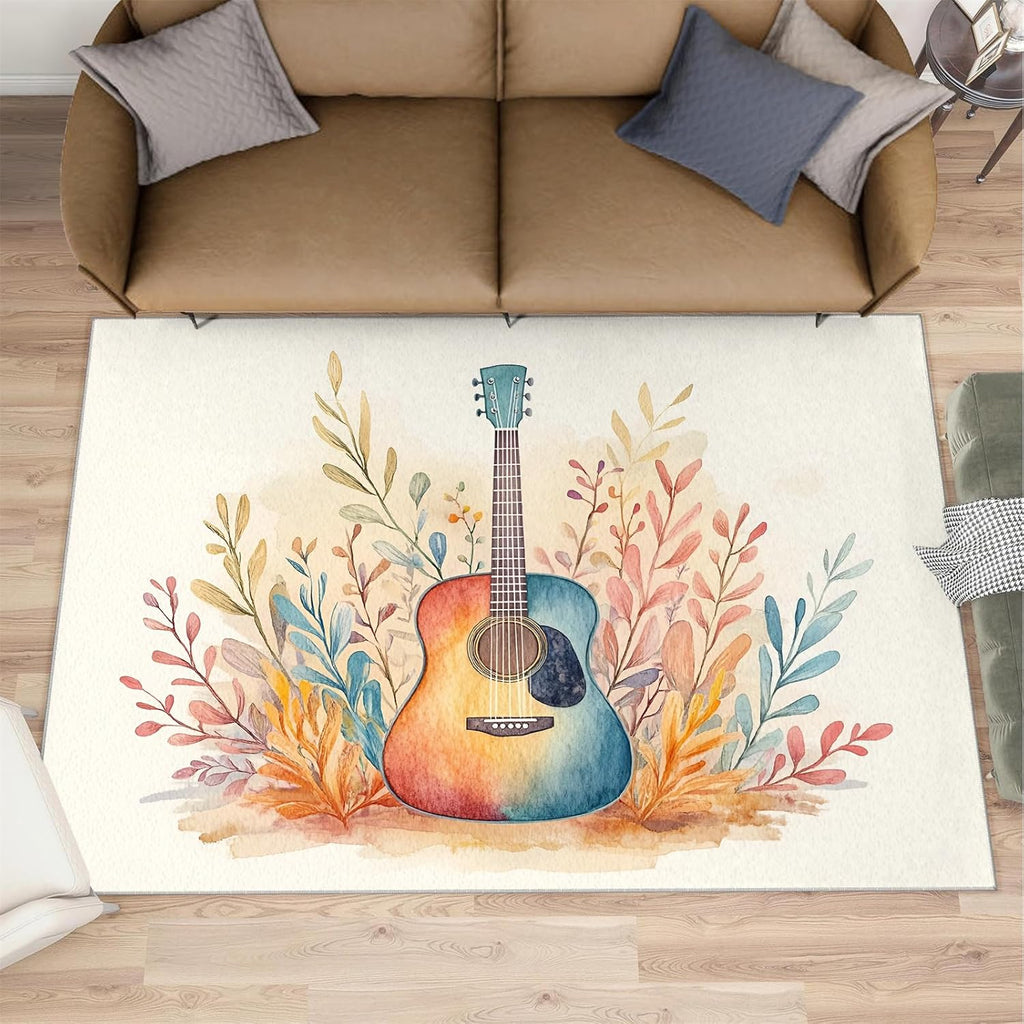 Guitar Rug Large - 5x7 Rug, Boho Floral Washable Rugs for Living Room, Music Carpet, Botanical Non-Slip Area Rugs for Bedroom, Kids Carpet, Guitar Home Decor