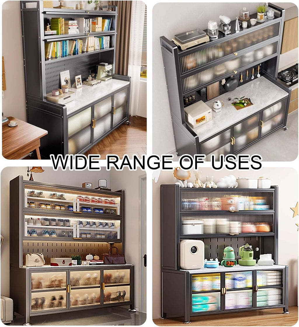 Bakers Rack with Storage Shelves, Coffee Bar with Cabinet, Kitchen Pantry Hutch, Expanded Space, with Wheels(White,120cm)