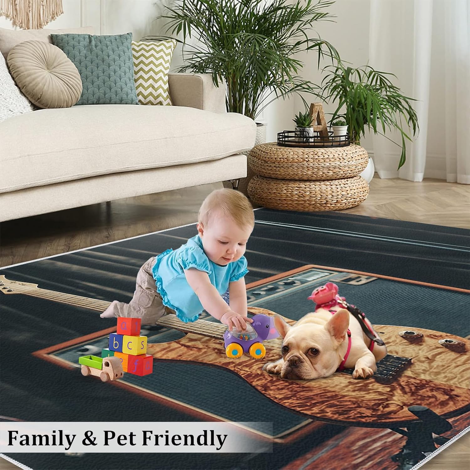 Guitar Rug - 7x10 Rugs for Living Room, Music Area Rug, Retro Guitar Washable Rugs for Bedroom, Non Slip Soft Rock and Roll Indoor Carpet - Home Decor, Music Lover Gifts for Boys