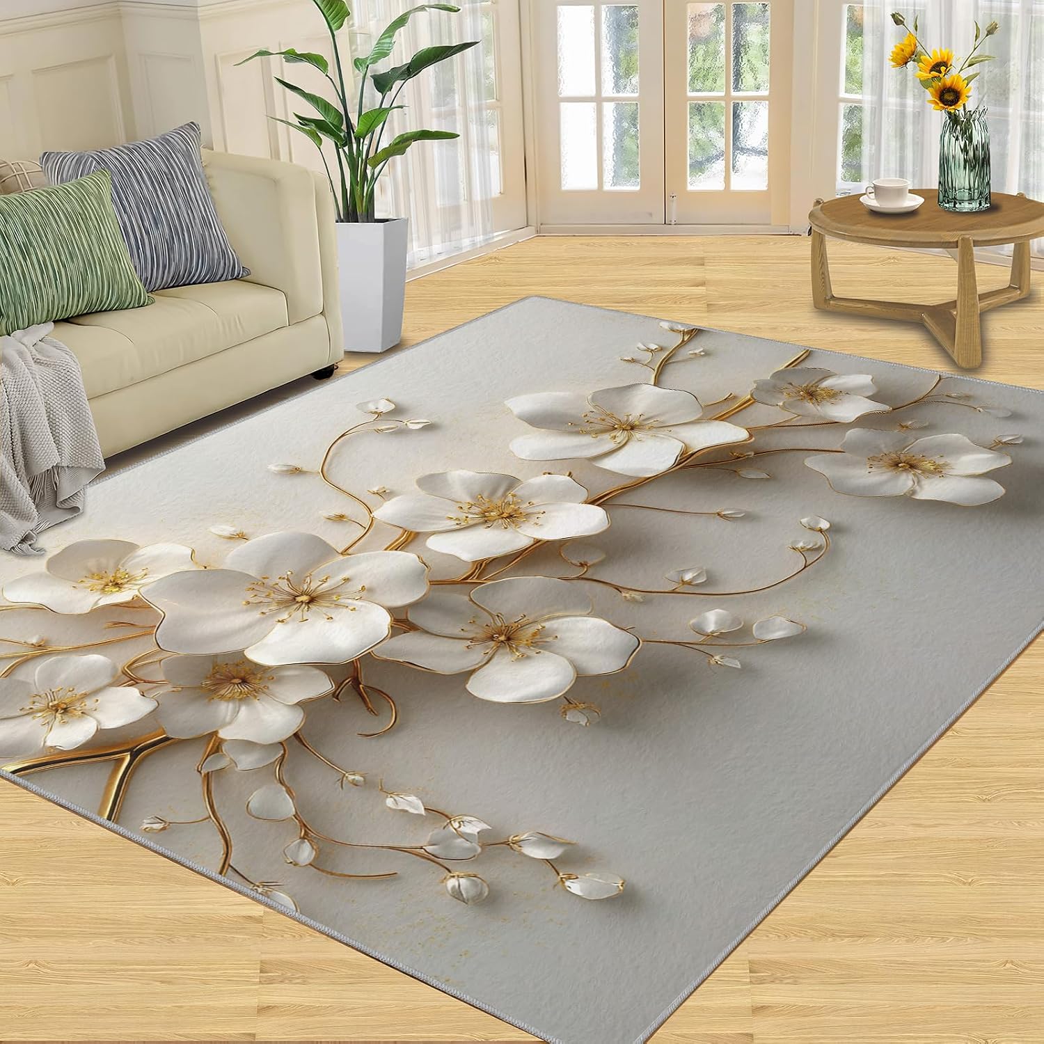 3D Flowers Rug - Large Rug 6x8 - Embossed Flowers Rugs for Living Room - Soft & Non Slip & Washable Rugs for Bedroom, Golden Branches Carpets for Dining Room Lounge Girls Room