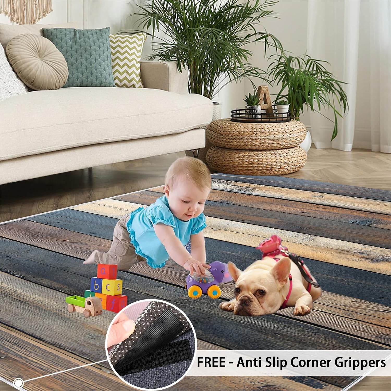 Board Rug 6x8, Imitation Wood Rugs for Bedroom, Retro Farmhouse Rugs for Living Room, Washable Area Rug for Boys Girls Bedroom, Low Pile & Non Slip Carpet