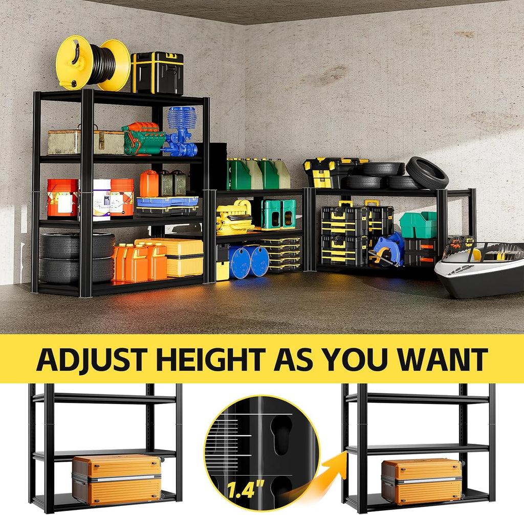 4-Tier 40' W x 20' D x 60' H Garage Shelving Garage Storage Shelves 2200LBS Metal Industrial Shelf Adjustable Heavy Duty Shelving Storage Rack Shelving Unit (Black)
