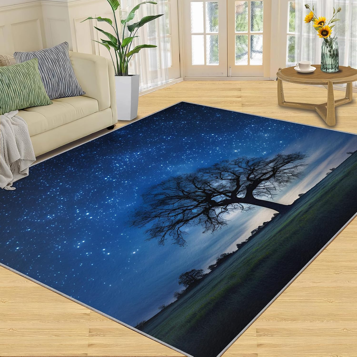6x8 Rug Starry Night Trees Area Rugs, Milky Way Starry Night Soft Washable Carpet, Easy Clean Rugs for Boys and Girls Nursery Bed Living Room Carpets Nursery Decor Rugs