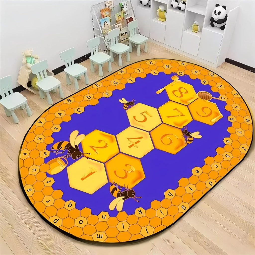 Bee ABC Alphabet Oval Area Rugs, 6x8ft, Yellow Beehive Honey Rugs for Indoor, Number 123 Hopscotch Game Kids Education Carpet, Easy Clean Low Pile Durable Mat for Kindergarten