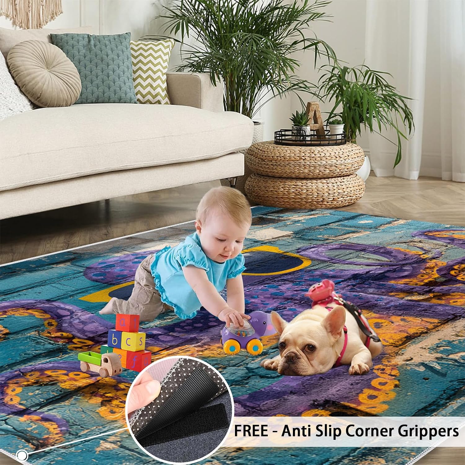 Graffiti Rugs for Bedroom, Street Art Rug 6x8, Octopus Dining Room Rugs Washable & Non Slip Large Carpet for Home Decor
