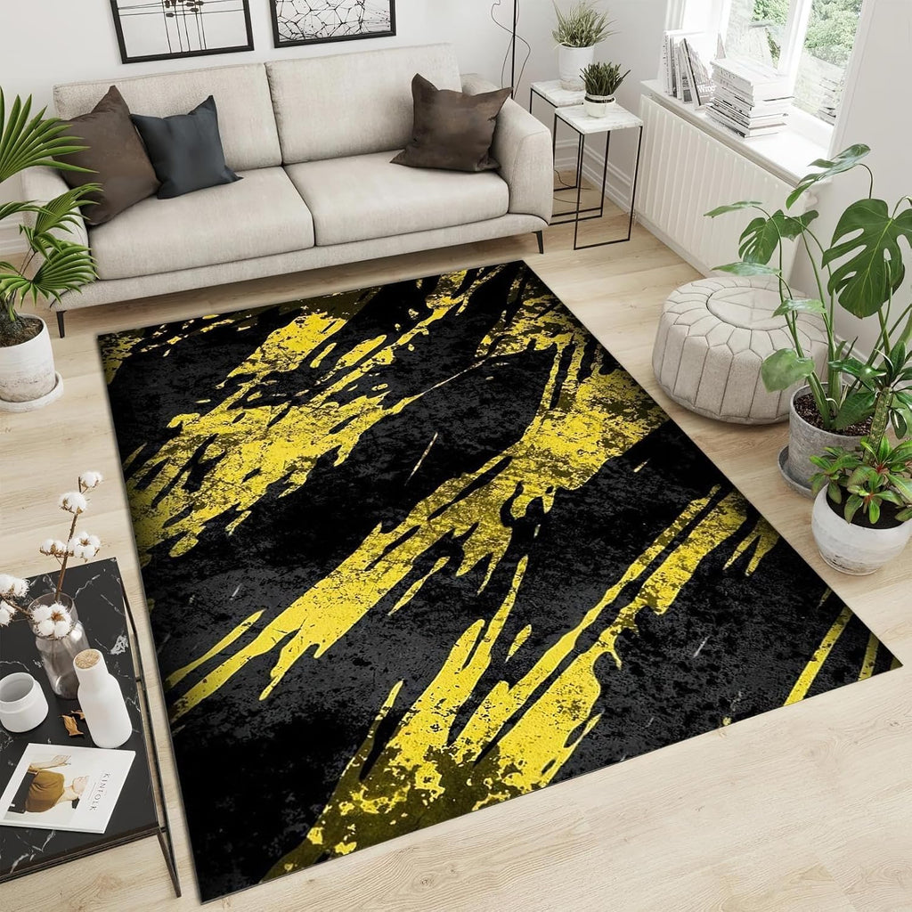 6x8 Rug Gold Black Irregular Graffiti Indoor Non-Slip Kids Rug, Abstract Art Doodle Upholstery Rug with Non-Slip Backing for Kids Boys Girls Bedroom Living Room Dining Room Study