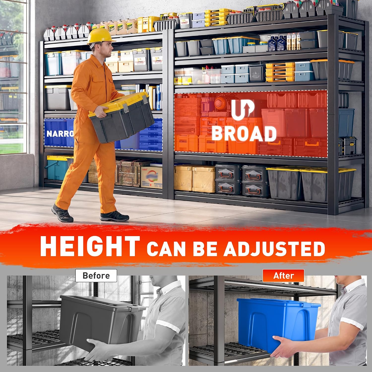 REIBII 48.2''W Garage Shelving Heavy Duty,Metal Shelving 3000LBS Storage Shelves, Adjustable Reinforcing Ribs Wire Mesh,5 Tier Shelf for Basement Pantry Warehouse Supermarket 48.2'W x 24.2'D x 72.2'H