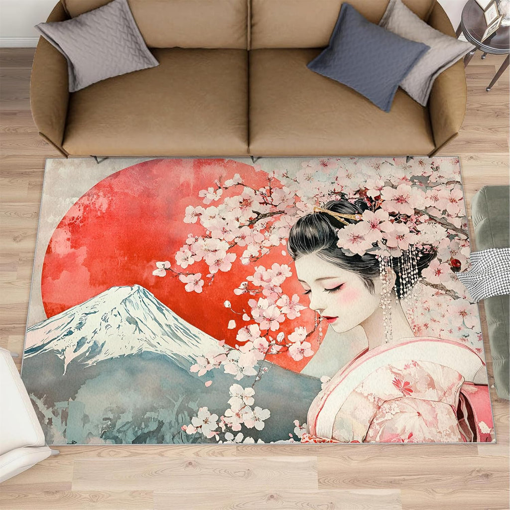 Japanese Rugs for Bedroom, Cherry Blossoms Rug 6x8, Retro Geisha Dining Room Rugs Washable & Non Slip Large Carpet for Home Decor