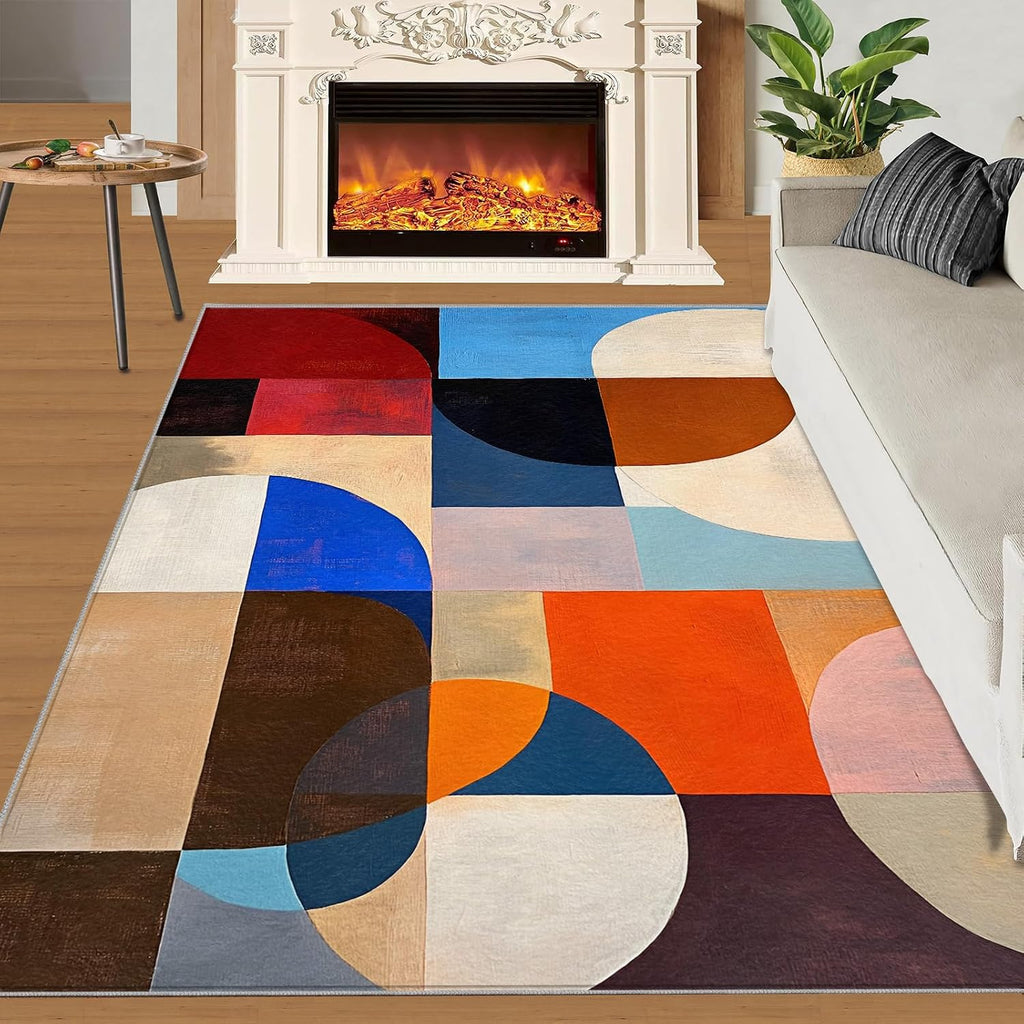 Geometric Rugs for Bedroom, Abstract Color Blocks Rug 6x8, Modern Minimalist Decor Dining Room Rugs Washable & Non Slip Large Carpet for Home Decor