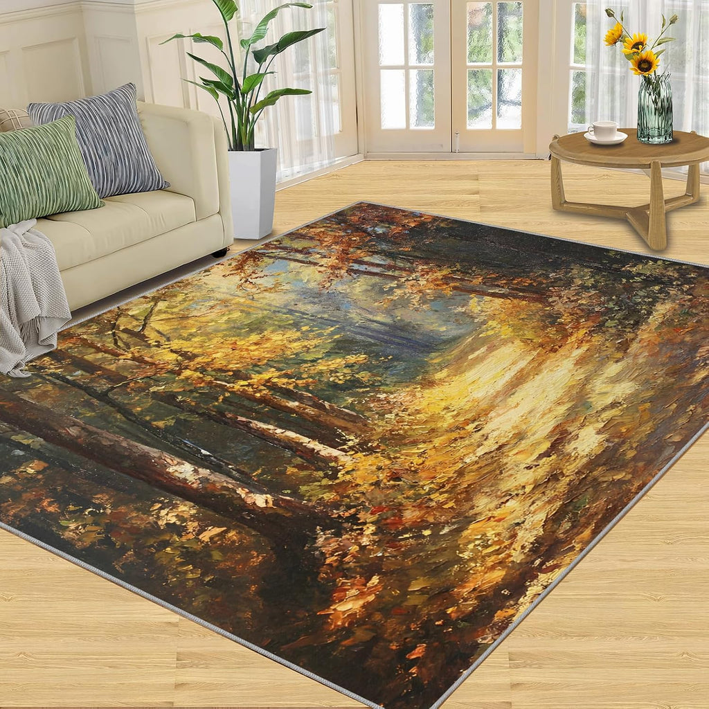 Forest Rug 6x8, Forest Rugs for Bedroom, Oil Painting Rugs for Living Room, Washable Area Rug for Boys Girls Room, Non Slip & Low Pile Carpet