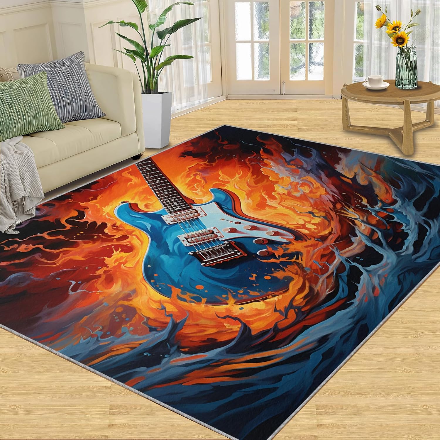 Guitar Area Rug - Musical Instrument Guitar Home Decor Rug - Music Bedroom Rugs, Indoor Non Slip Carpet for Music Classroom Studio Band 5x7ft