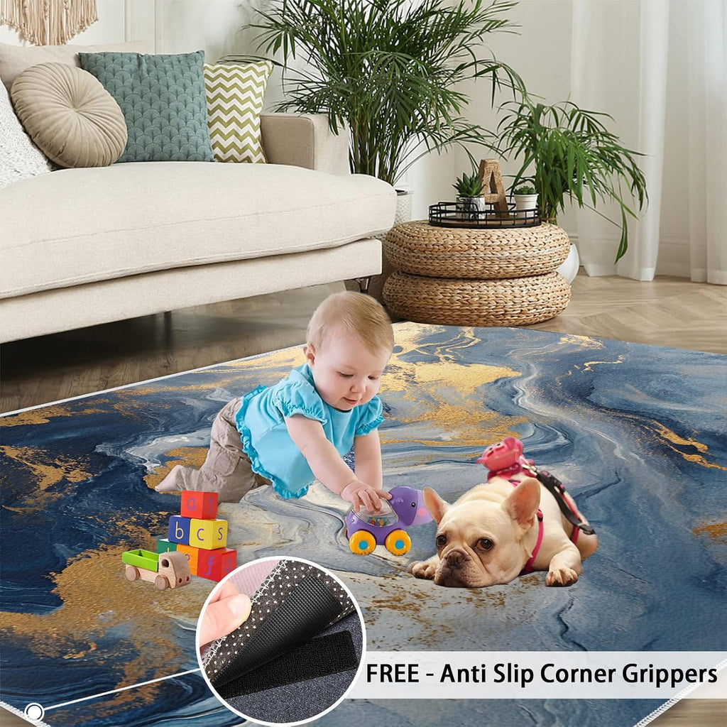 Blue Marble Area Rug, Marble Print Rugs, Machine Washable Kids Rug for Living Room Bedroom Children's Room Dormitory Decor Floor Mat 6x8