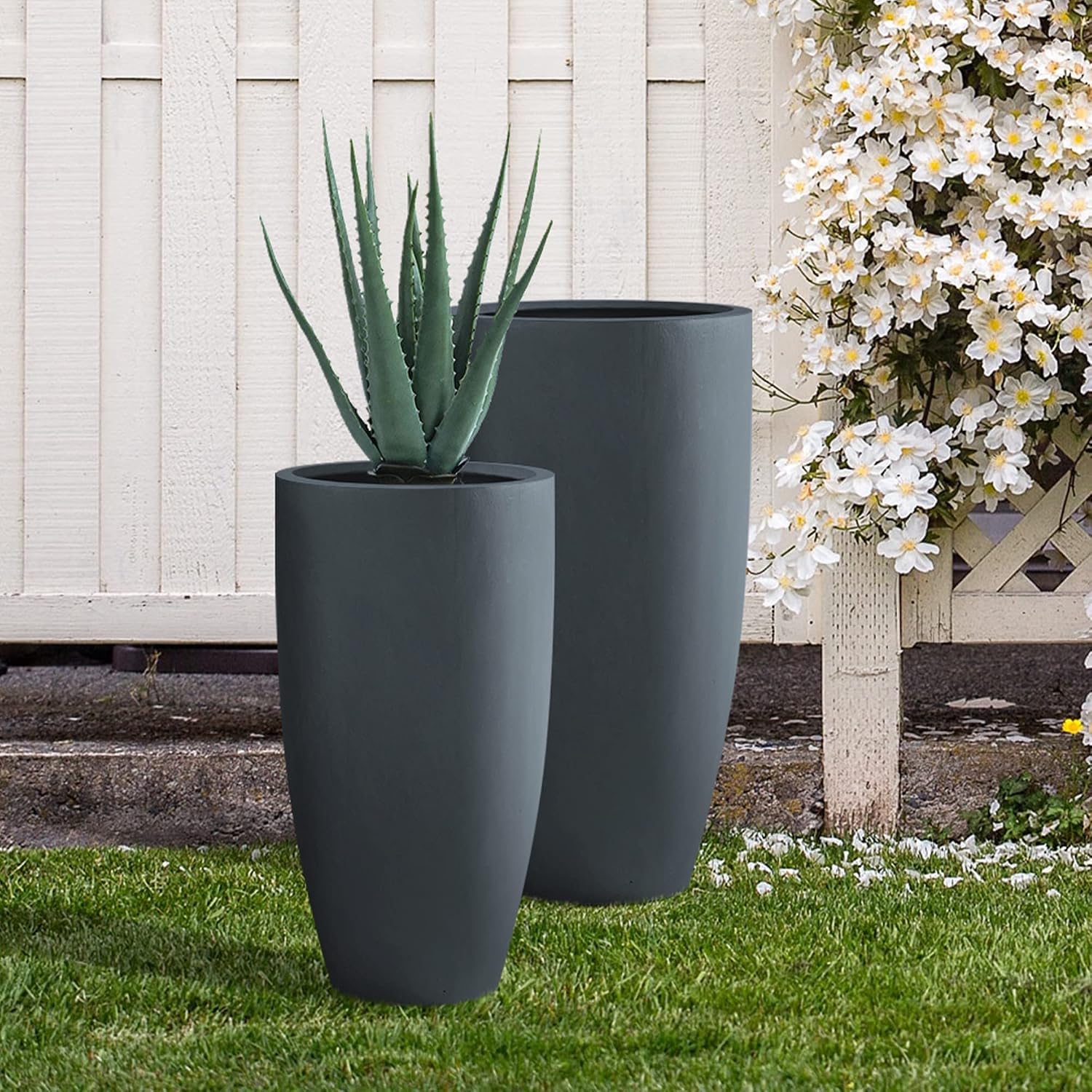 Kante 31.4' and 23.6' H Charcoal Finish Concrete Tall Planters Large Outdoor Indoor Decorative Plant Pots with Drainage Hole and Rubber Plug, Modern Tapered Style for Home and Garden