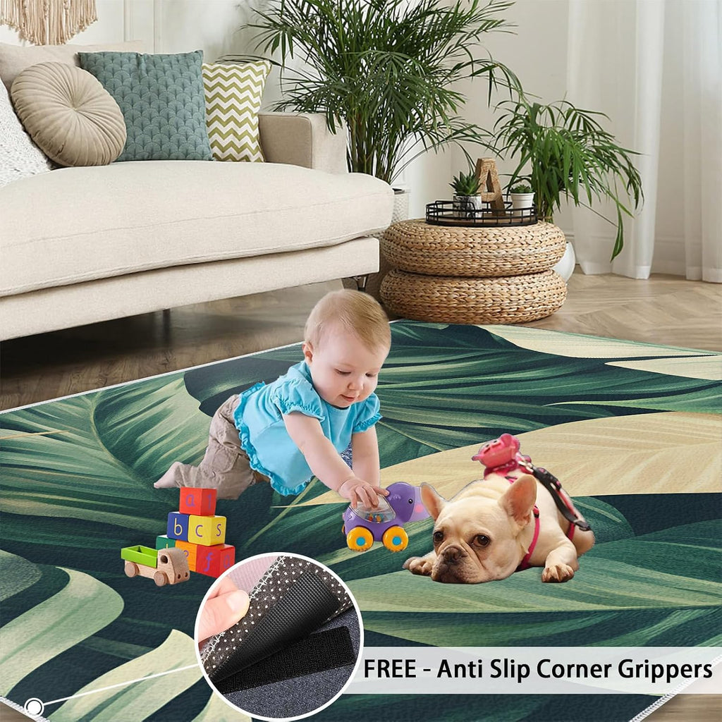 Leaves Area Rug - 6x9 Rug, Banana Leaf Rugs for Living Room, Tropical Botanicals Washable Rugs for Bedroom, Non Slip & Low Pile, Indoor Carpet & Home Decor