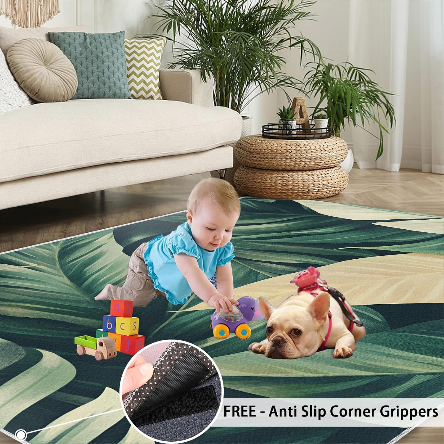 Leaves Area Rug - 6x9 Rug, Banana Leaf Rugs for Living Room, Tropical Botanicals Washable Rugs for Bedroom, Non Slip & Low Pile, Indoor Carpet & Home Decor