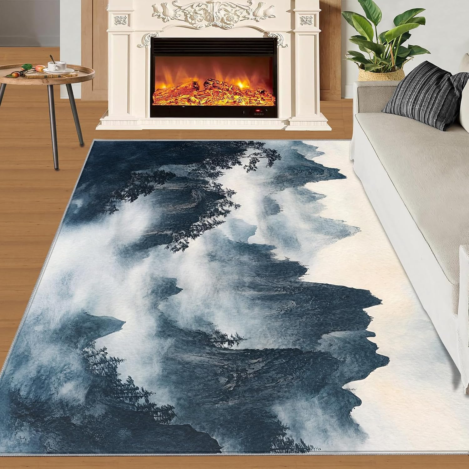 Japanese Rug 6x8-6x8 Rug, Ink Painting Mountains Area Rugs for Living Room Bedroom, Vintage Area Carpet, Oriental Washable Carpet, Japanese Home Decor & Gifts