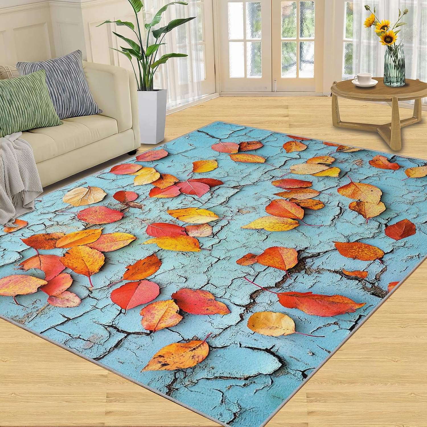 6x8 Autumn Leaves Area Rug - Cracked Wall Large Rugs for Living Room, Fallen Leaves Carpet Area Rug for Girls Bedroom Kids Room Basement Office Classroom