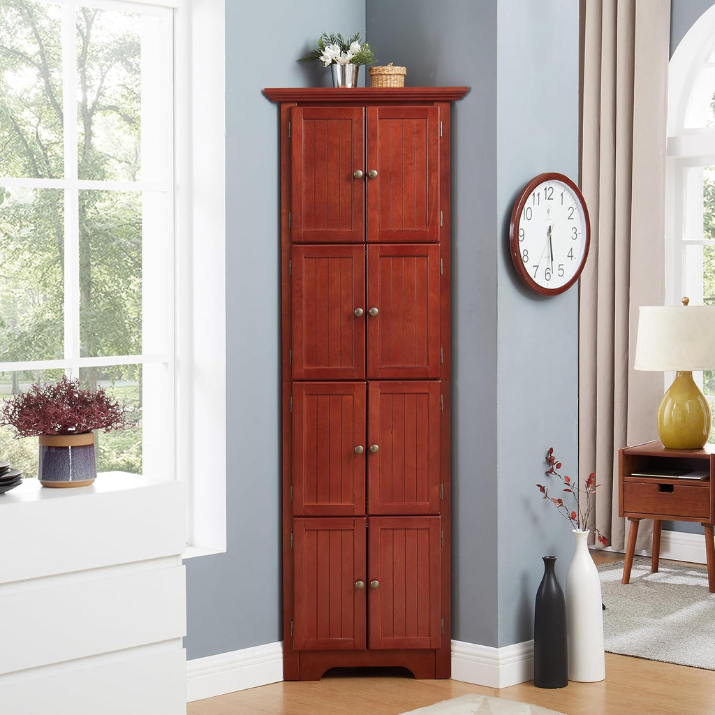 72' Sturdy Freestanding Storage Cabinet, Kitchen Storage Bakers Rack with Tiered Shelves, Utility Food Cupboard with Spacious Doors for Kitchen, Bathroom, Living Room, Cherry