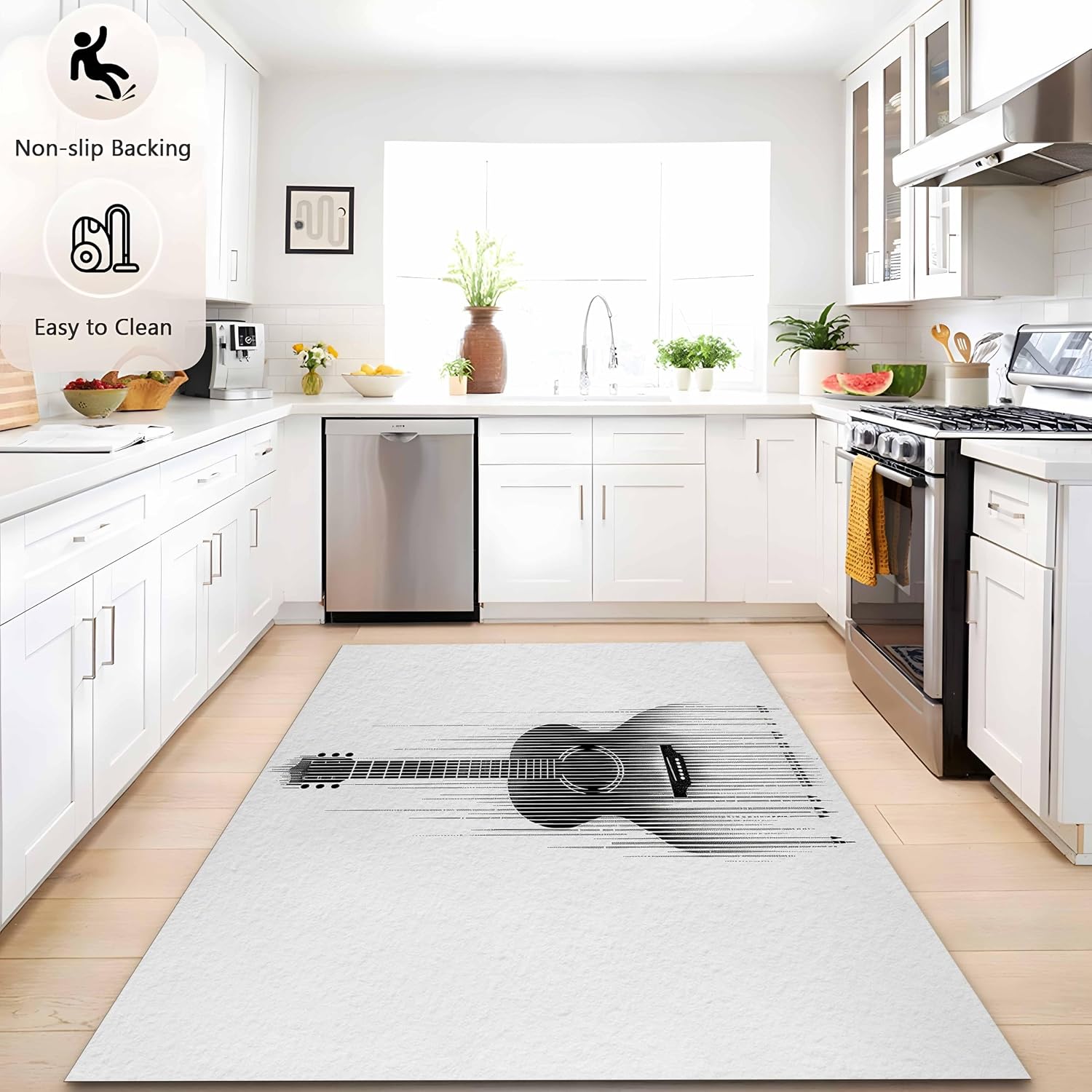 White Washable Area Rug 5' x 7', Abstract Guitar Instrument Black Print Low Pile Carpet 5 x 7 ft Non-Shedding - Non-Slip Robot Vacuum Compatible Rug for Living Room, Office & Home