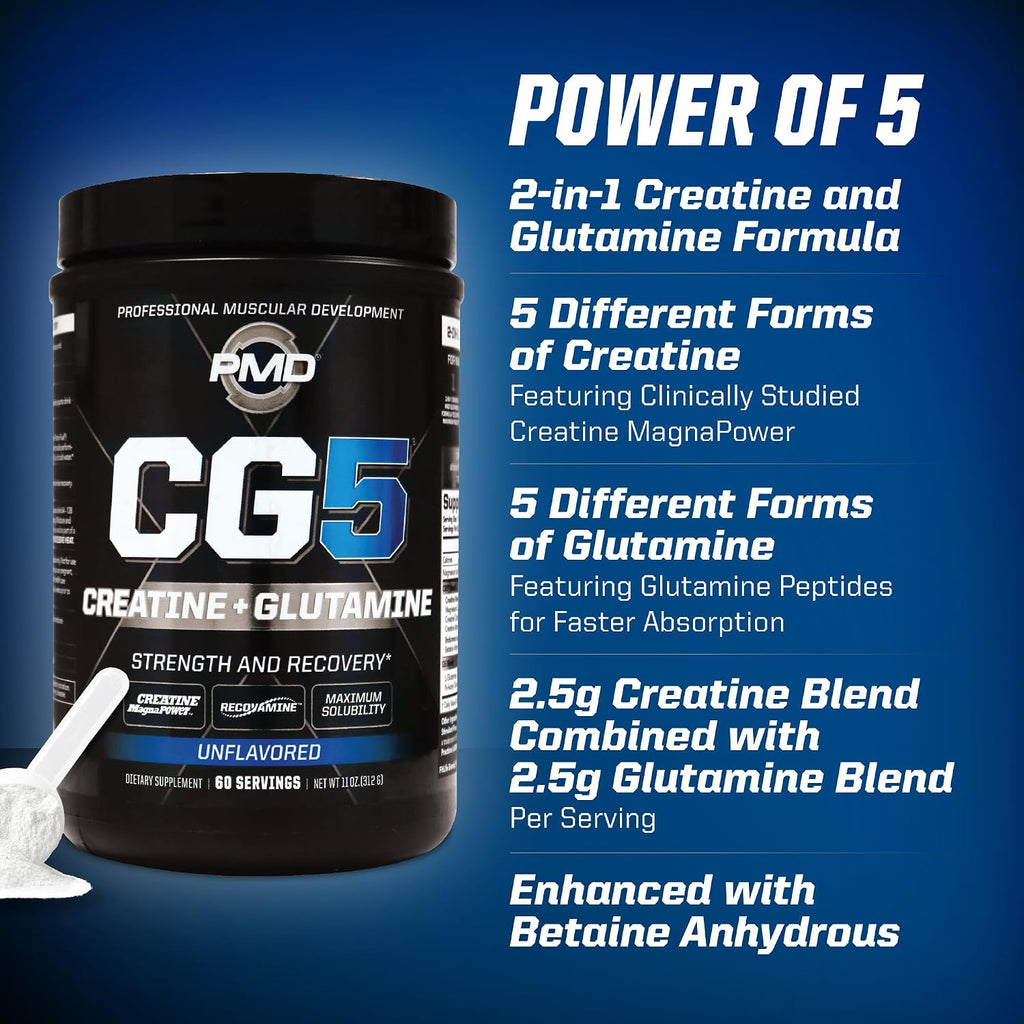 PMD Sports CG5 Premium Creatine & L Glutamine Powder, Power Recovery, Build Lean Muscle, Increase Workout Performance, Maximum Strength Pre Workout & Post Workout, Unflavored, 60 Servings (Pack of 2)