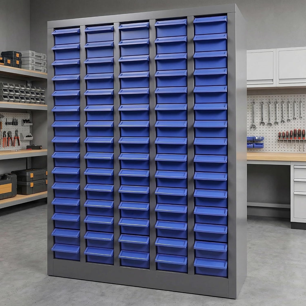 Stainless Steel Parts Cabinet with 75 Drawers, Bolt Bin with Label Holders & 375 Dividers, Nut and Bolt Organizer for Small Parts in Garage Workshop Classroom