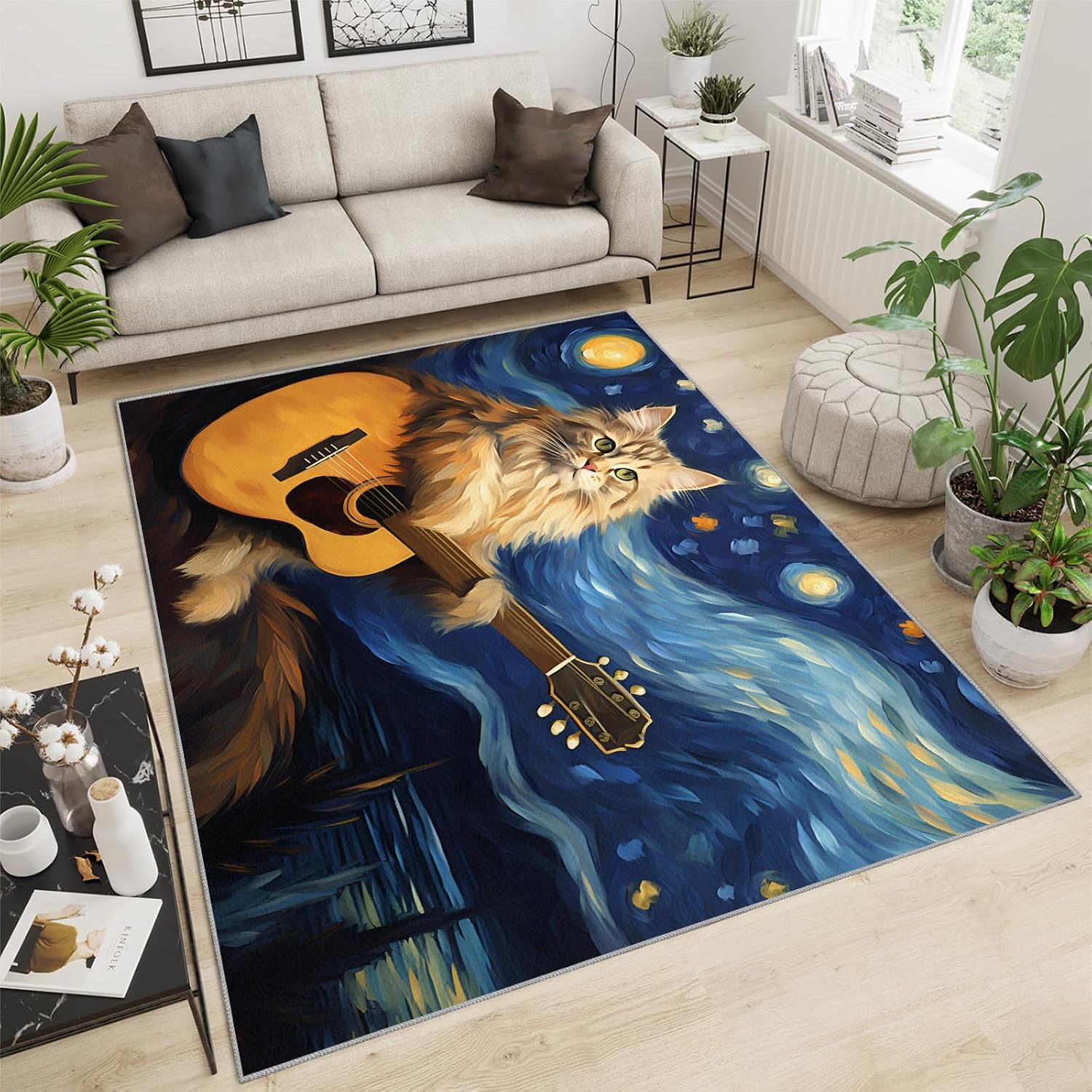5x6 Area Rug - Starry Sky Guitar Cat Area Rugs for Kitchen, Post-Impressionist Art Painting Bedroom Area Rug Kids Low Pile for Indoor Outdoor Hardwood Floors Home Decor