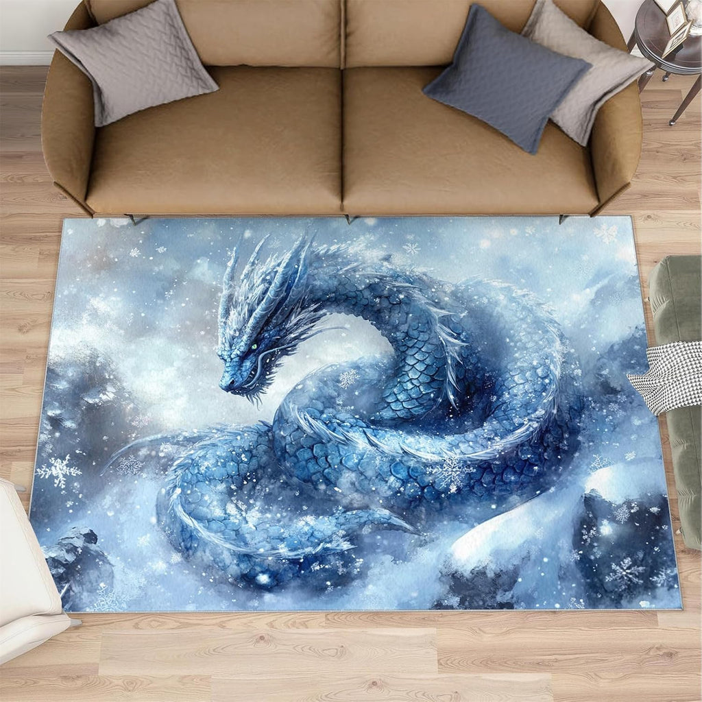 Asian Dragon Rug 6x8, Ice Dragon Rugs for Girls Room, Fantasy Rugs for Bedroom, Washable Area Rug for Bedside Dining Room Kitchen Floor Mat