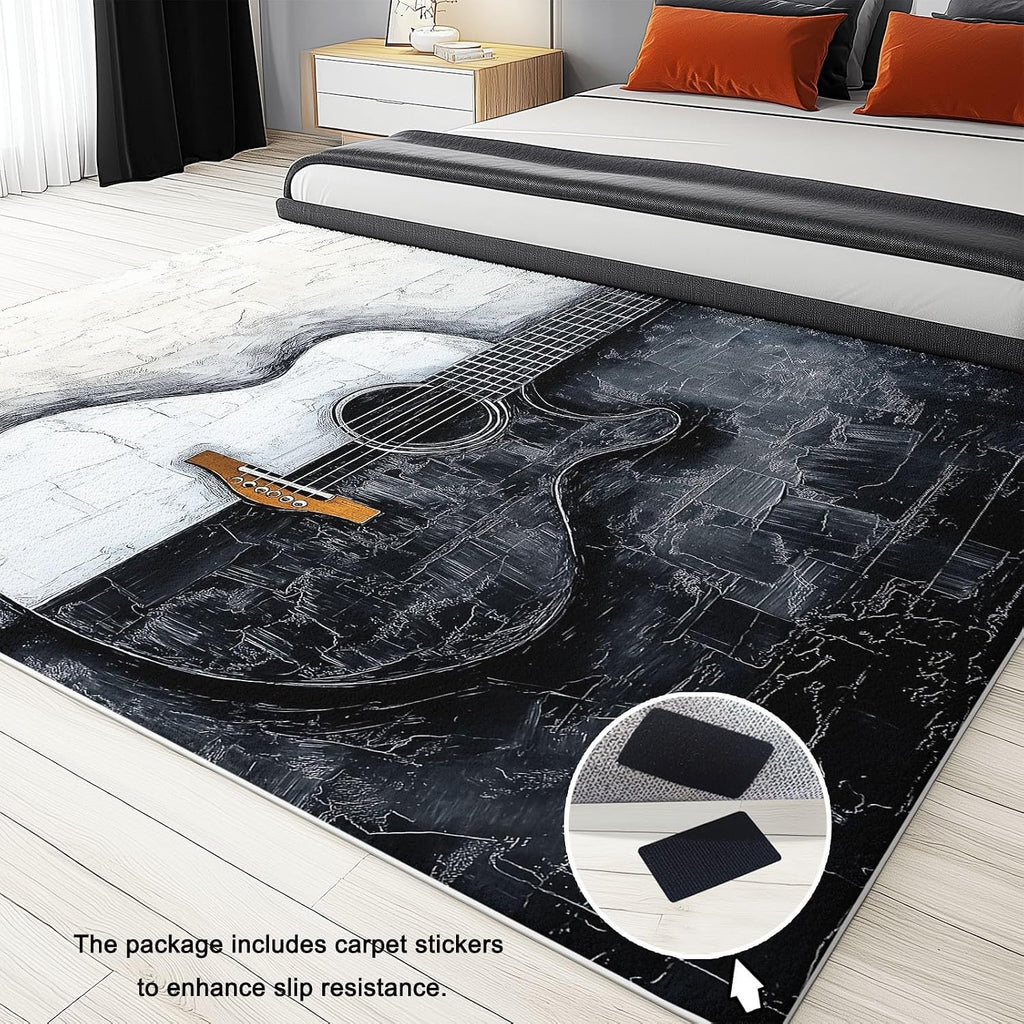 Abstract Modern Oil Painting Guitar Print 5 x 7 ft Area Rugs for Living Room, Washable Carpet for Bedroom Black and White Non-Slip Rug - Stain Resistant Carpets for Kids Playroom Classroom Dining Room