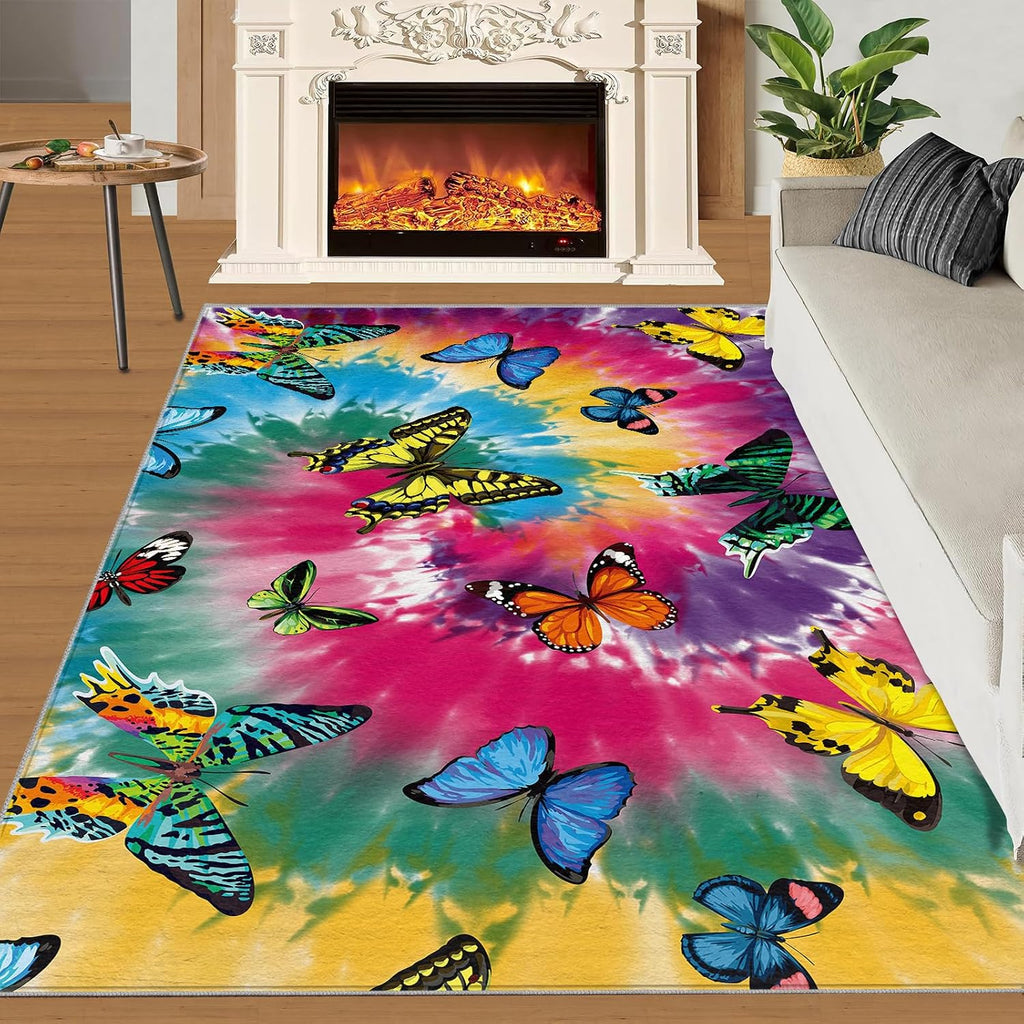 Flying Butterfly Girls Area Rug, Retro Flower Rugs for Living Room, Easy Clean Carpet Washable Indoor Non-Slip Rug for Boys and Girls Nursery Bed Living Room Carpets Nursery Decor,6 x 8ft