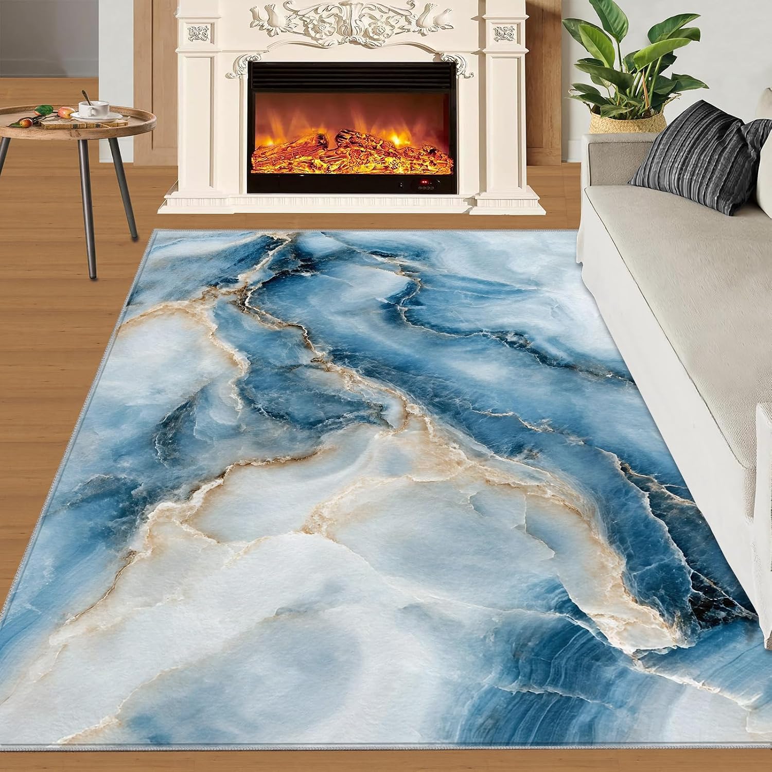 Blue Marble Area Rug Large - 6x8 Rug, Modern Rugs for Living Room, Light Luxury Area Rugs for Bedroom, Abstract Art Washable Carpet, Marble Home Decor & Gifts
