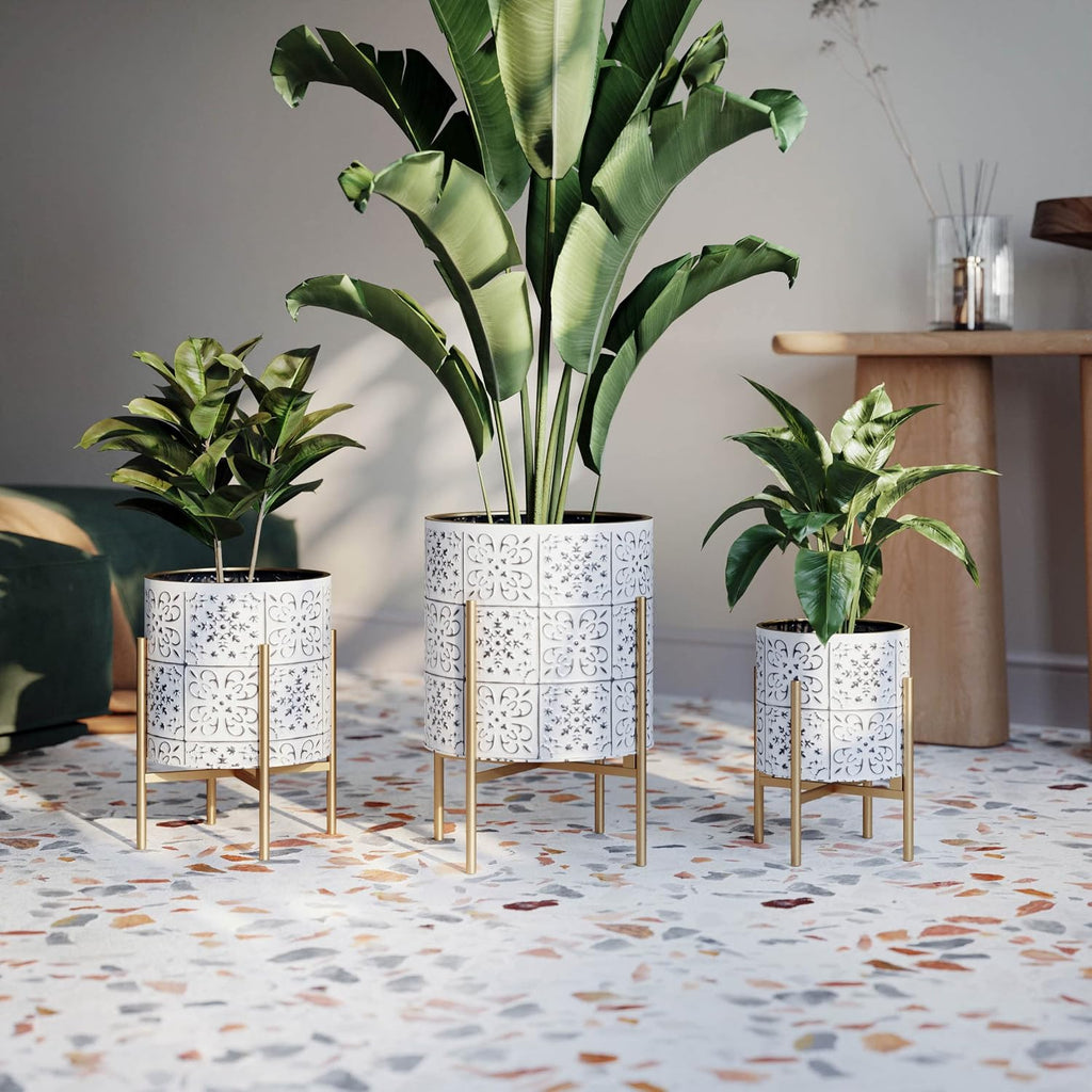 EverNest Tristan White with Black Boho Pattern Plant Pot with Loki Stand, SelectBase Indoor Planter, Neutral Home Decor, Minimalist Artistic Boho Plant Pot (Set of 3, Gold)