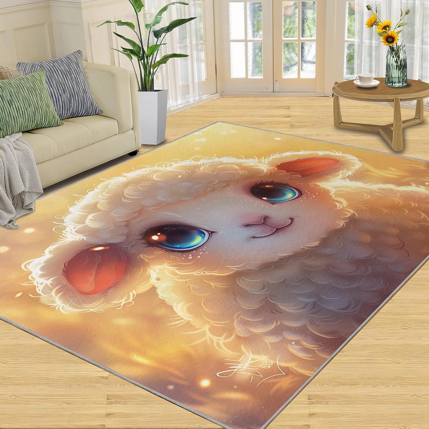Cartoon Animals Rug for Kids Room - 6x8 Large Rug, Kawaii Alpaca Rugs for Bedroom Cute Lamb Area Rugs for Living Room Home Decor Washable Rug