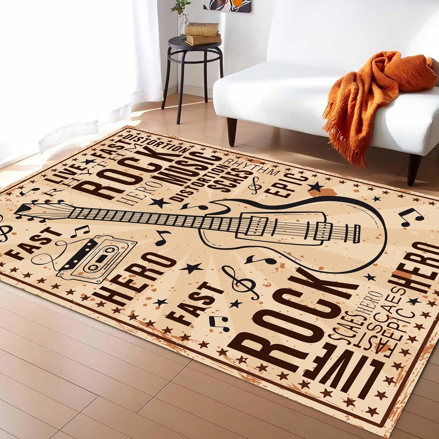 UNREASTO Vintage Guitar Area Rug 6x8ft Music Musical Note Star Letter Print Retro Rug Floor Mat for Children's Room Kids Boy Girl Bedroom Decoration Soft Non-Slip Durable Rug for Living Room