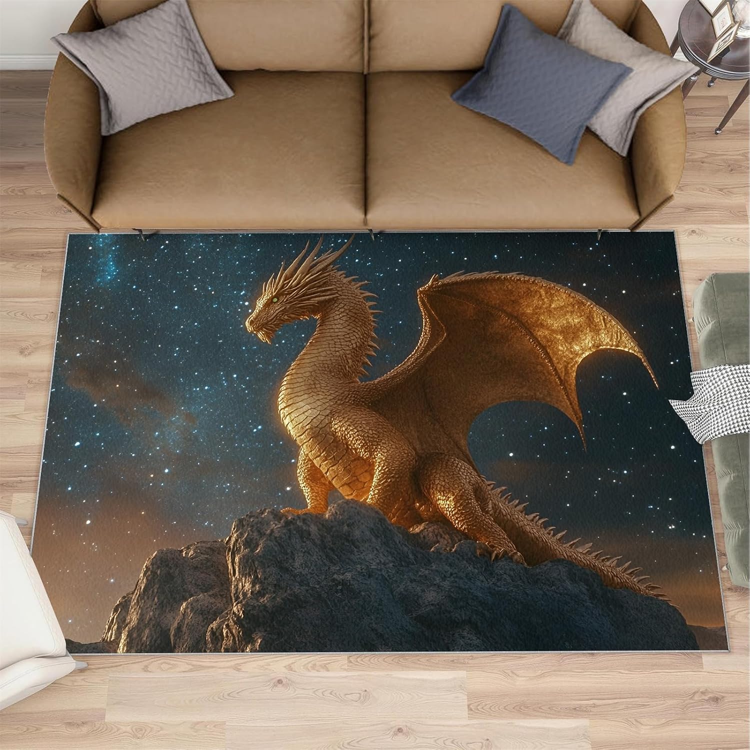 Dragon Rug 6x8, Golden Dragon Rugs for Boys Room, Mythical Creatures Area Rugs for Bedroom, Low Pile Non Slip Carpet for Computer Game Room Dormitory Decor