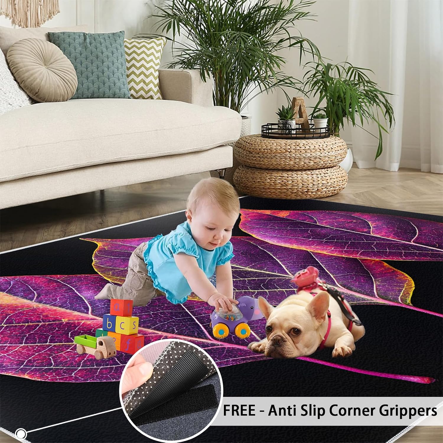 Purple Leaves Rugs for Bedroom - 6x8 Rug, Leaf Area Rugs for Living Room, Botanical Carpet, Plant Washable Mat, Leaf Home Decor & Gifts